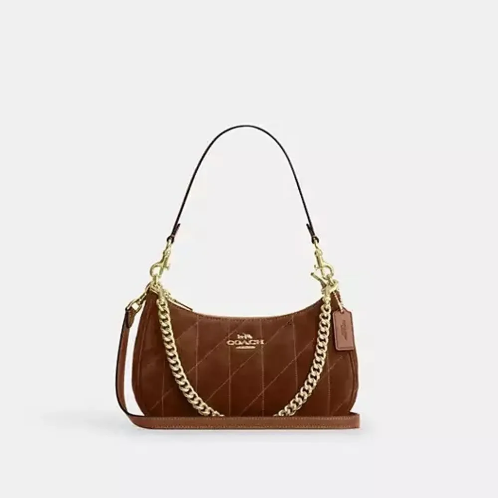 NEW‼️Coach Teri Shoulder Bag With Quilting CET35 suede/Gold/Warm Brown
